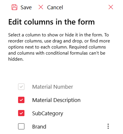 Edit columns in the list form