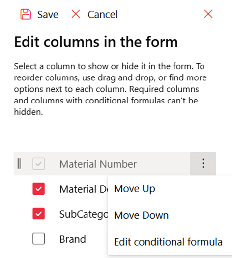 Edit columns in the form